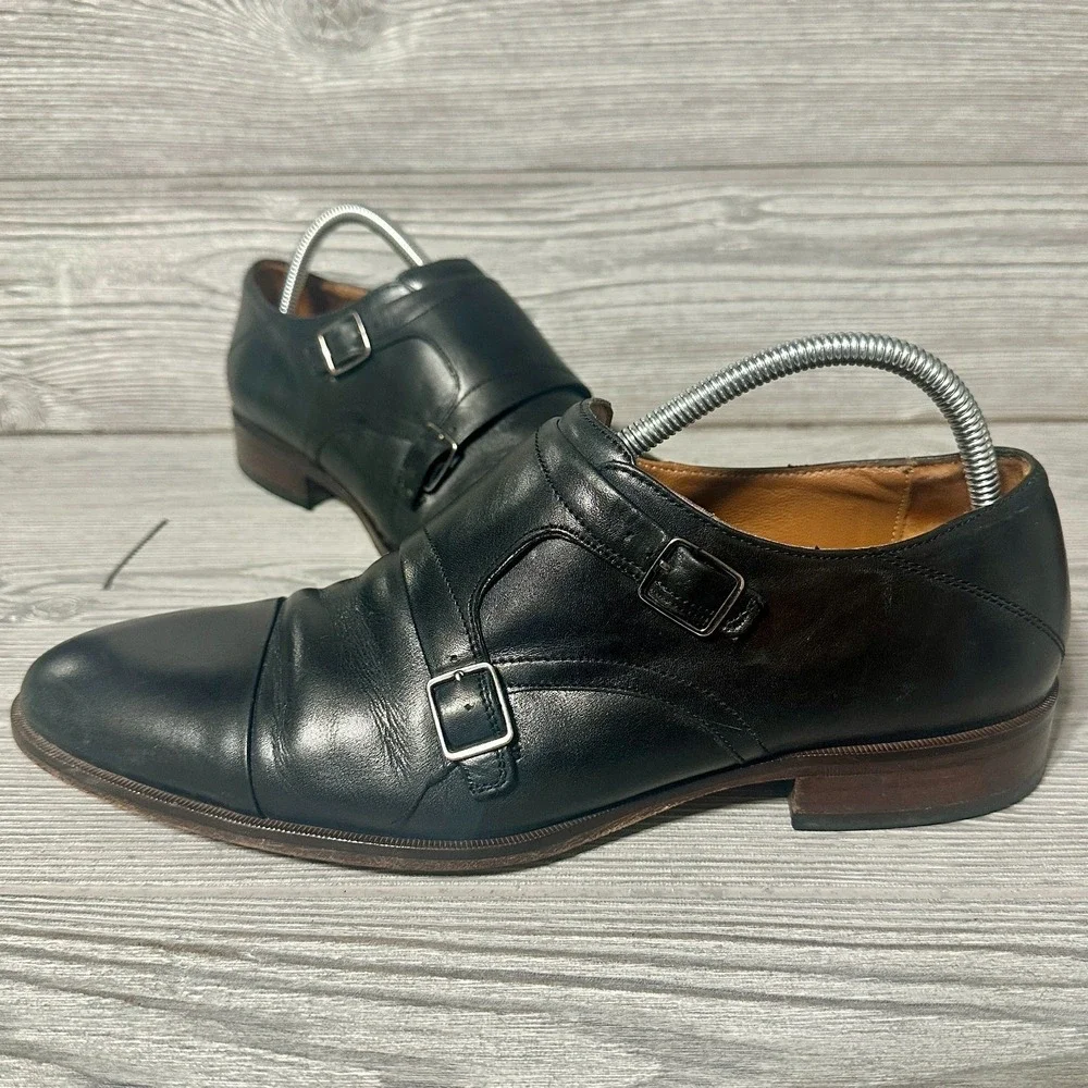 Johnston‎ & Murphy Dress Shoes Double Monk Strap Men 10M Black Cap Toe Leather